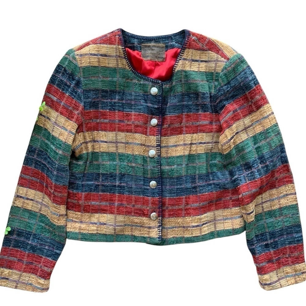 Rough Rider Circle T Chenille Cropped Buttoned Jacket Tan Green Blue Size M